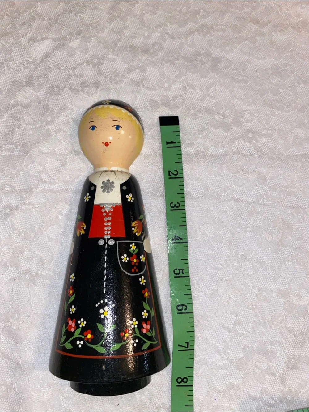 Hand-Painted Norwegian Folk Art Wooden Doll with Floral dress